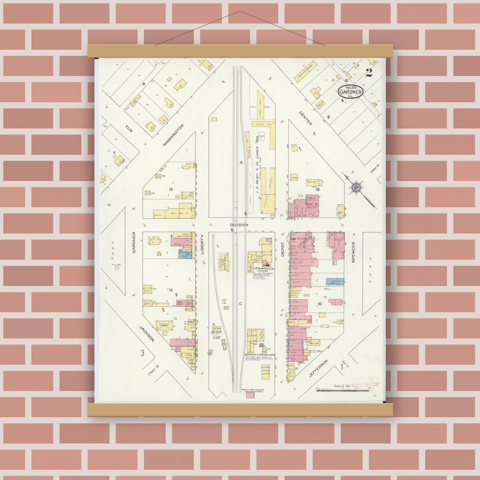 Old map wall art mockup — magnetic wood frame on brick wall — Sanborn Fire Insurance Map from Gardner, Grundy County, Illinois (1913), Sheet #0002