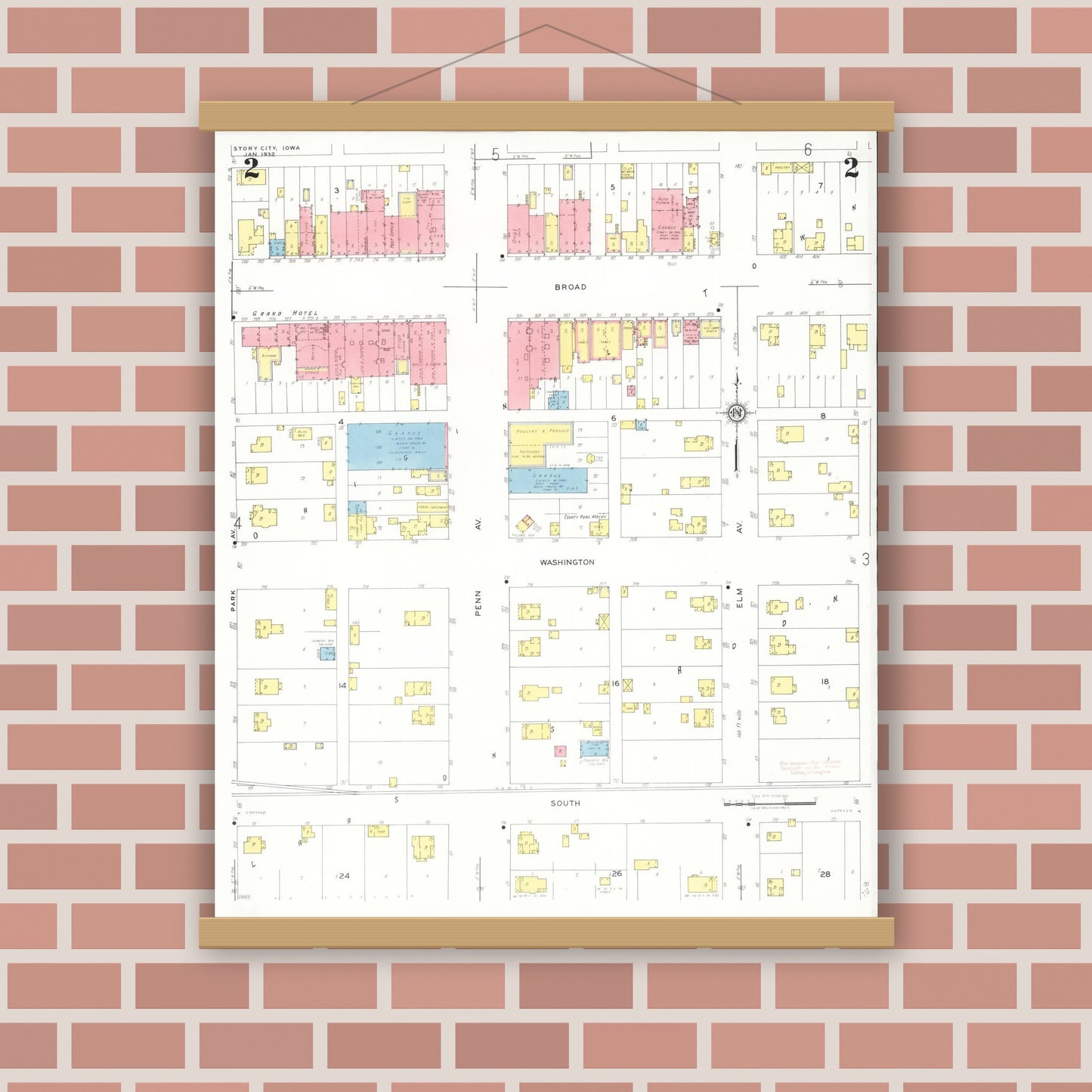 Old map wall art mockup — magnetic wood frame on brick wall — Sanborn Fire Insurance Map from Story City, Story County, Iowa (1932), Sheet #0002