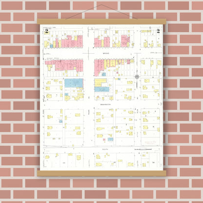 Old map wall art mockup — magnetic wood frame on brick wall — Sanborn Fire Insurance Map from Story City, Story County, Iowa (1932), Sheet #0002