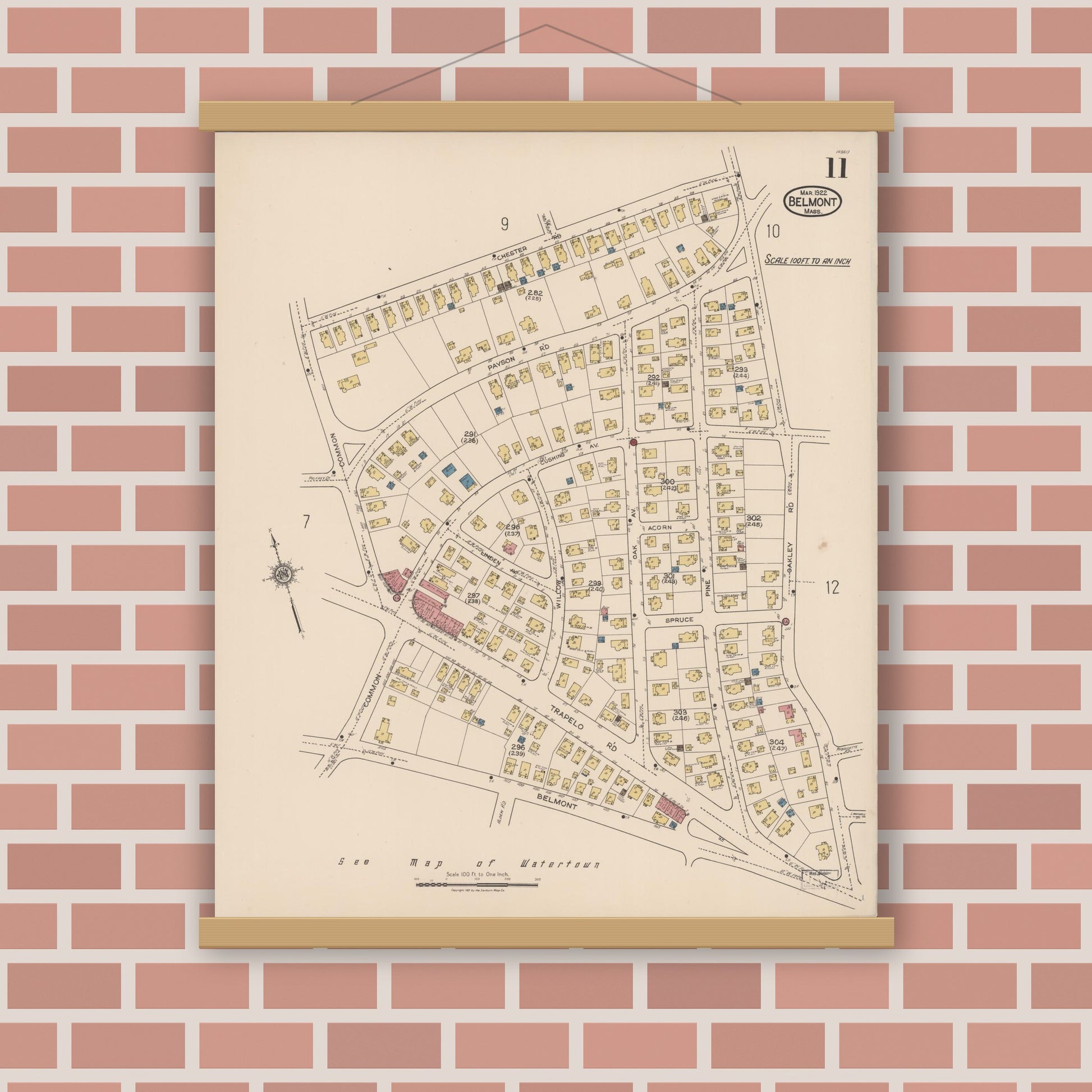 Old map wall art mockup — magnetic wood frame on brick wall — Sanborn Fire Insurance Map from Belmont, Middlesex County, Massachusetts (1922), Sheet #0011