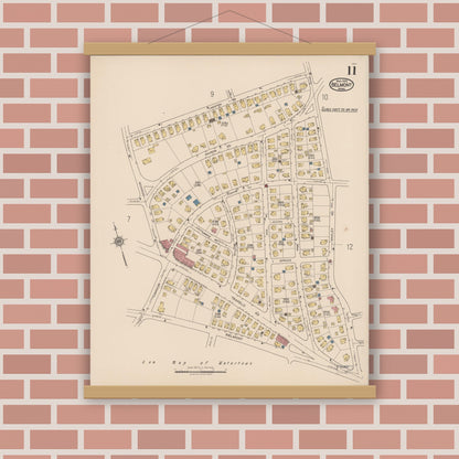 Old map wall art mockup — magnetic wood frame on brick wall — Sanborn Fire Insurance Map from Belmont, Middlesex County, Massachusetts (1922), Sheet #0011