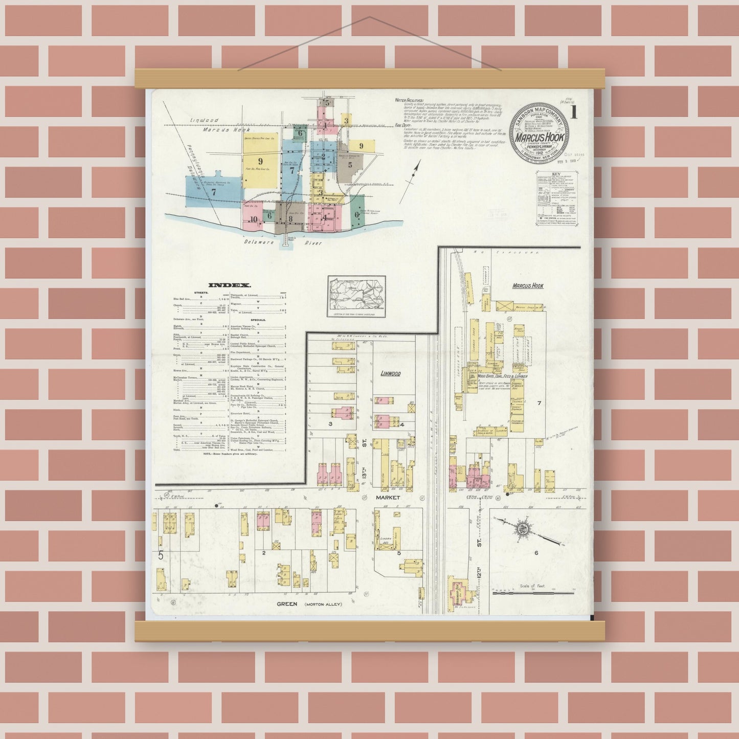 Old map wall art mockup — magnetic wood frame on brick wall — Sanborn Fire Insurance Map from Marcus Hook, Chester County, Pennsylvania (1912) - Complete Map Set