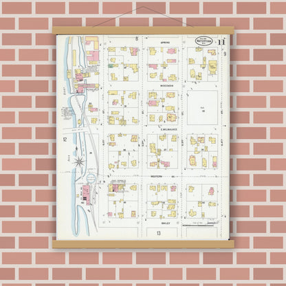 Old map wall art mockup — magnetic wood frame on brick wall — Sanborn Fire Insurance Map from Watertown, Jefferson County, Wisconsin (1901), Sheet #0011