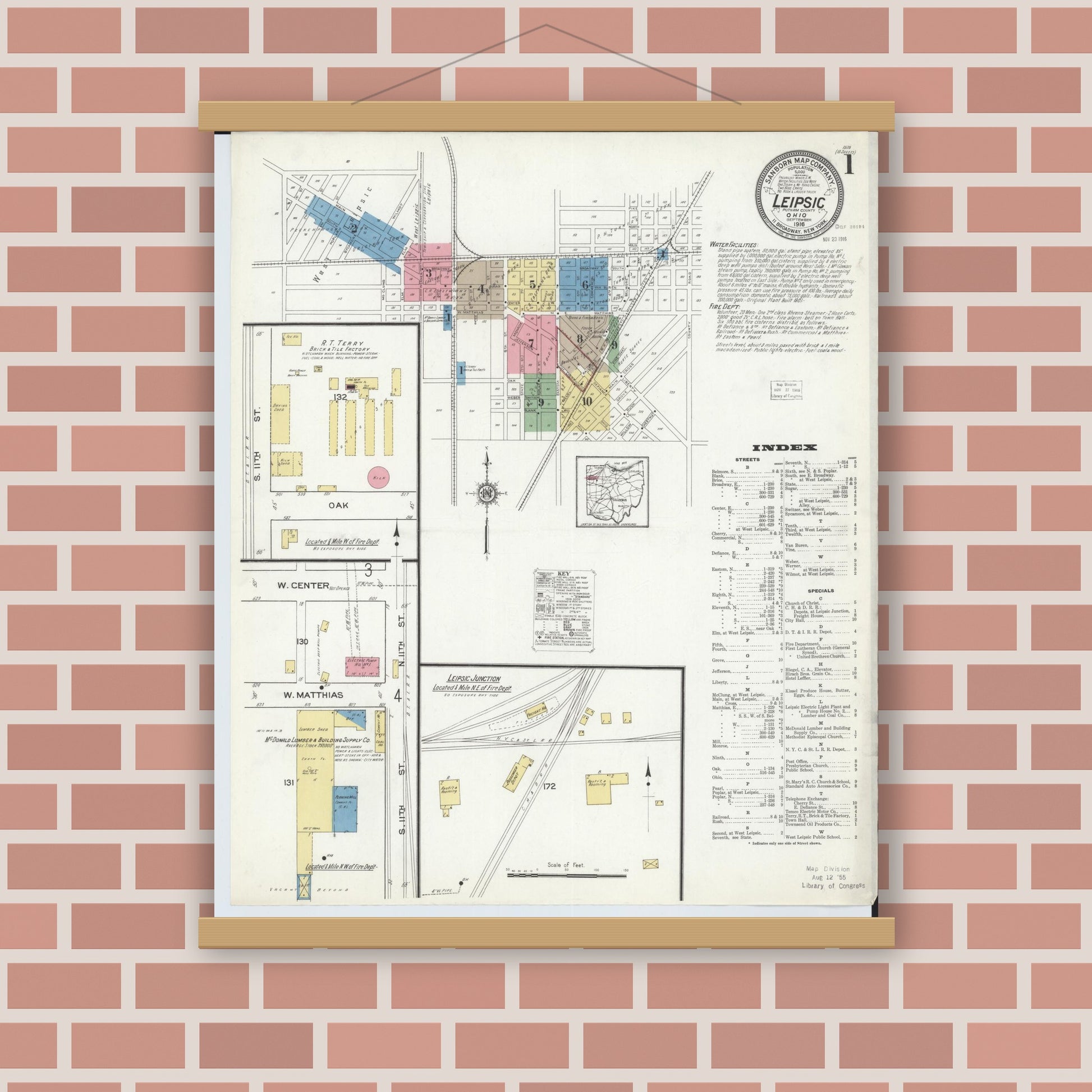Old map wall art mockup — magnetic wood frame on brick wall — Sanborn Fire Insurance Map from Leipsic, Putnam County, Ohio (1916), Sheet #0001