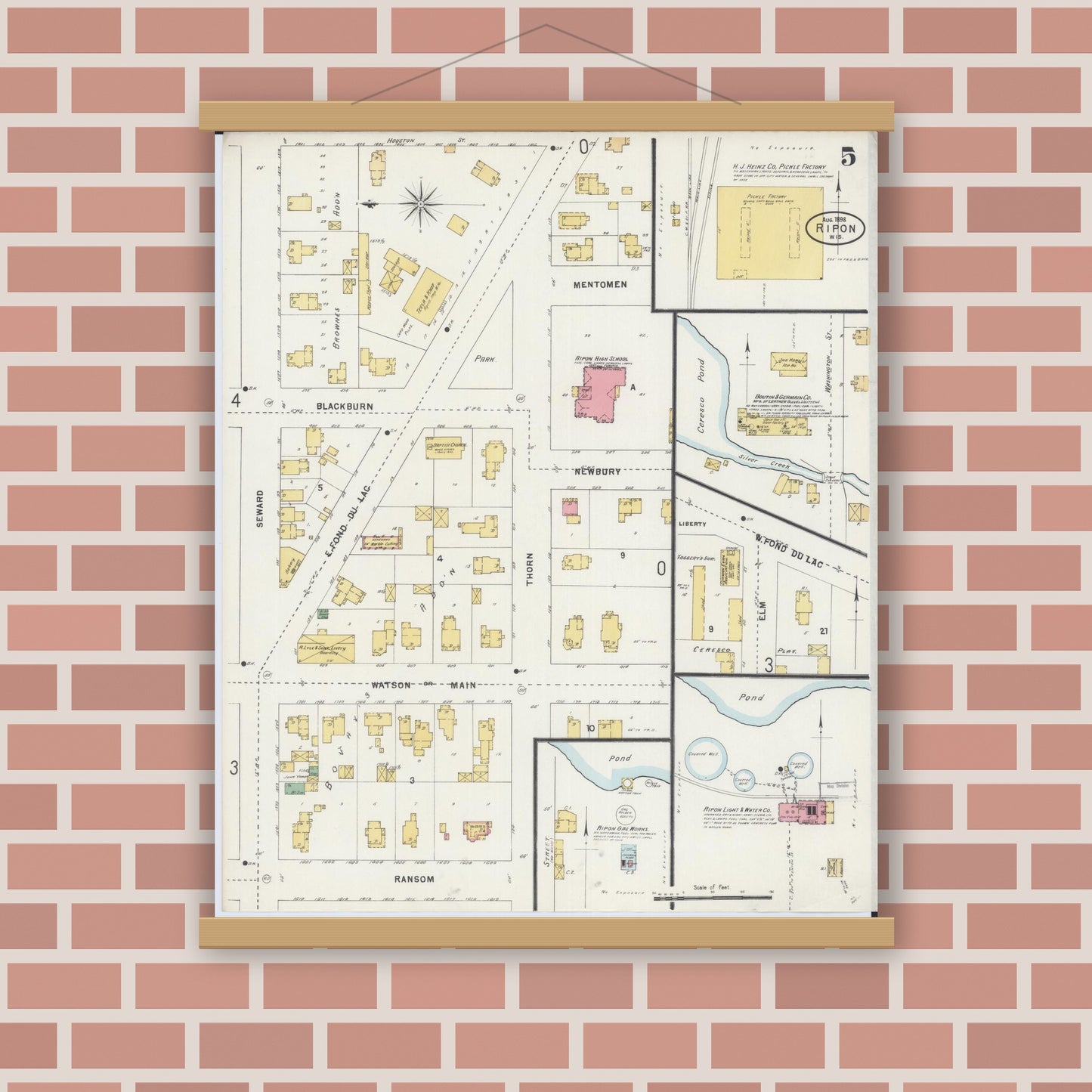 Old map wall art mockup — magnetic wood frame on brick wall — Sanborn Fire Insurance Map from Ripon, Fond du Lac County, Wisconsin (1898), Sheet #0005