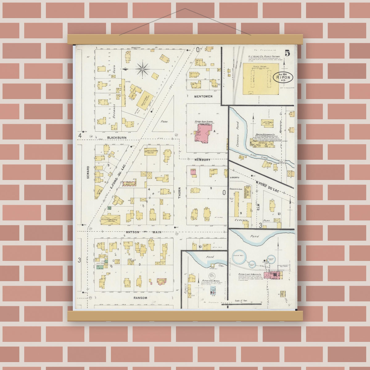 Old map wall art mockup — magnetic wood frame on brick wall — Sanborn Fire Insurance Map from Ripon, Fond du Lac County, Wisconsin (1898), Sheet #0005