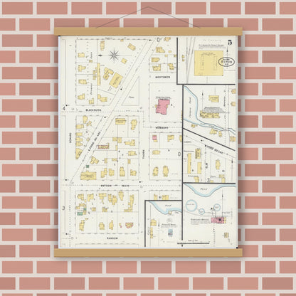 Old map wall art mockup — magnetic wood frame on brick wall — Sanborn Fire Insurance Map from Ripon, Fond du Lac County, Wisconsin (1898), Sheet #0005