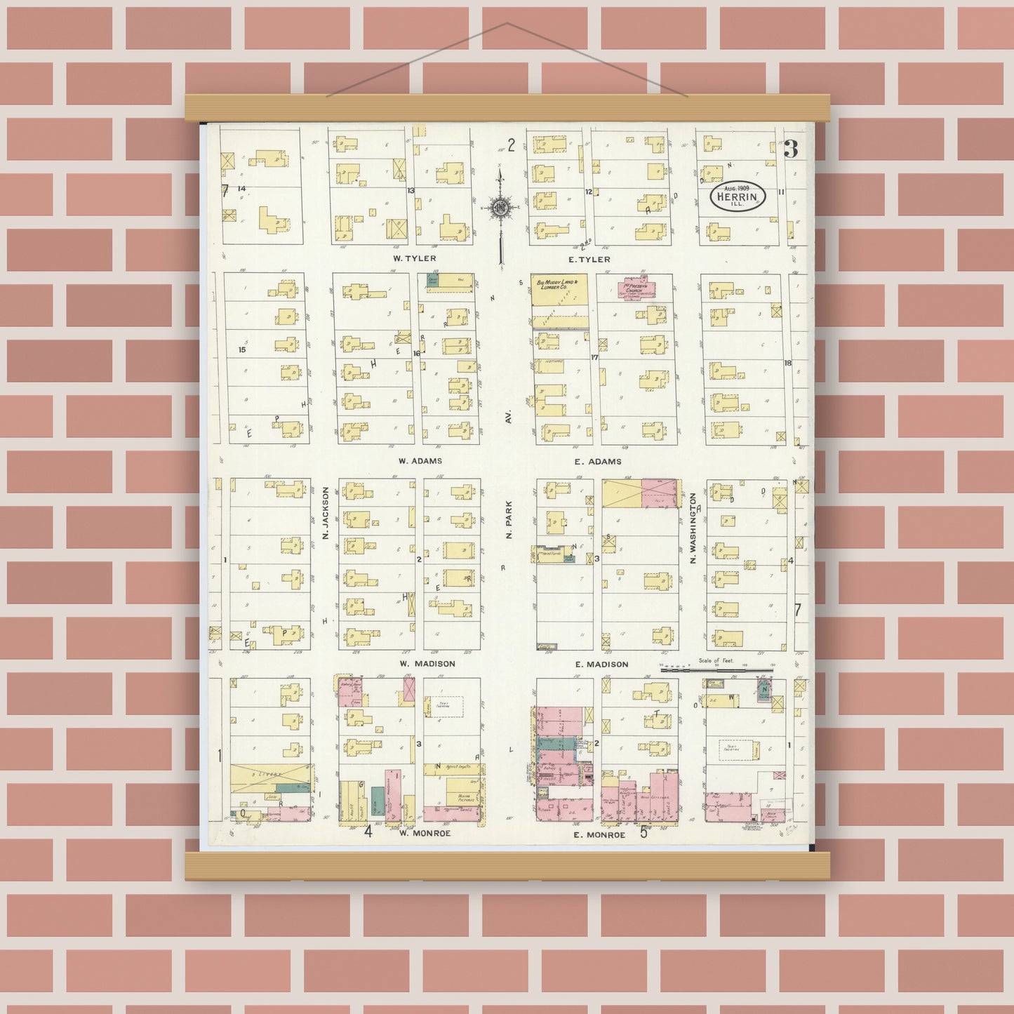 Old map wall art mockup — magnetic wood frame on brick wall — Sanborn Fire Insurance Map from Herrin, Williamson County, Illinois (1909), Sheet #0003