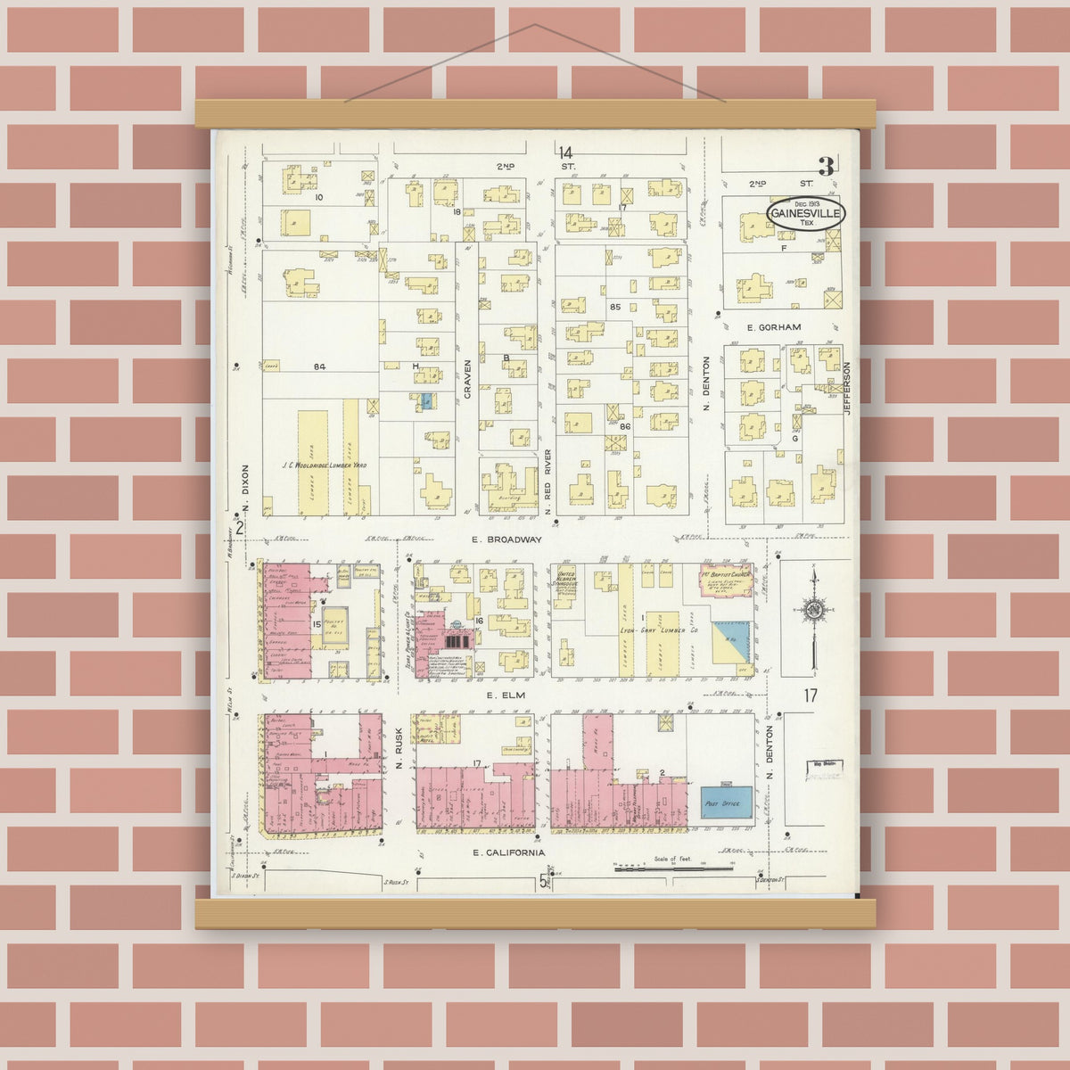 Old map wall art mockup — magnetic wood frame on brick wall — Sanborn Fire Insurance Map from Gainesville, Cooke County, Texas (1913), Sheet #0003