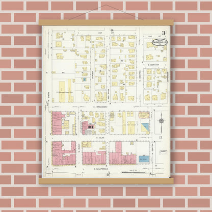 Old map wall art mockup — magnetic wood frame on brick wall — Sanborn Fire Insurance Map from Gainesville, Cooke County, Texas (1913), Sheet #0003
