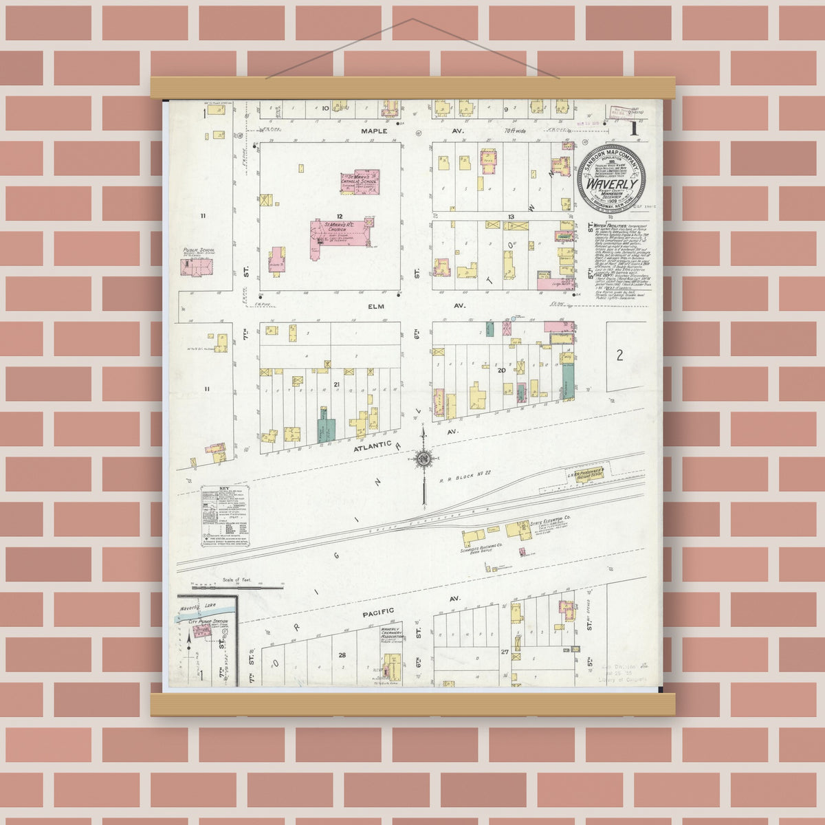 Old map wall art mockup — magnetic wood frame on brick wall — Sanborn Fire Insurance Map from Waverly, Wright County, Minnesota (1909), Sheet #0001