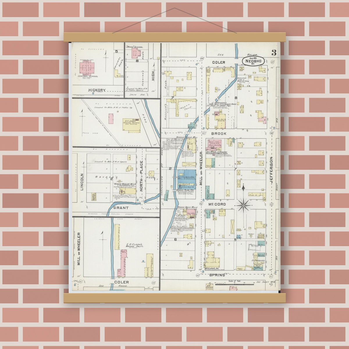 Old map wall art mockup — magnetic wood frame on brick wall — Sanborn Fire Insurance Map from Neosho, Newton County, Missouri (1891), Sheet #0003