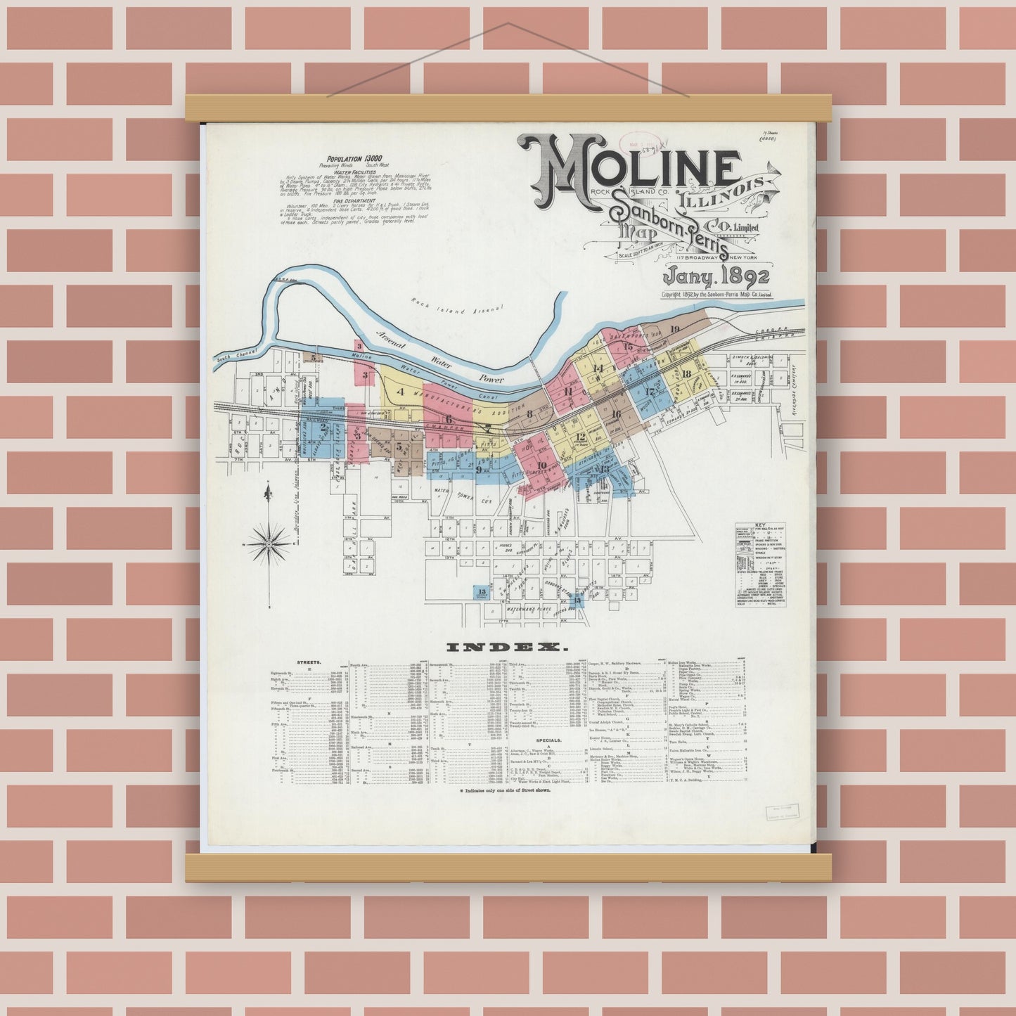 Old map wall art mockup — magnetic wood frame on brick wall — Sanborn Fire Insurance Map from Moline, Rock Island County, Illinois (1892) - Complete Map Set