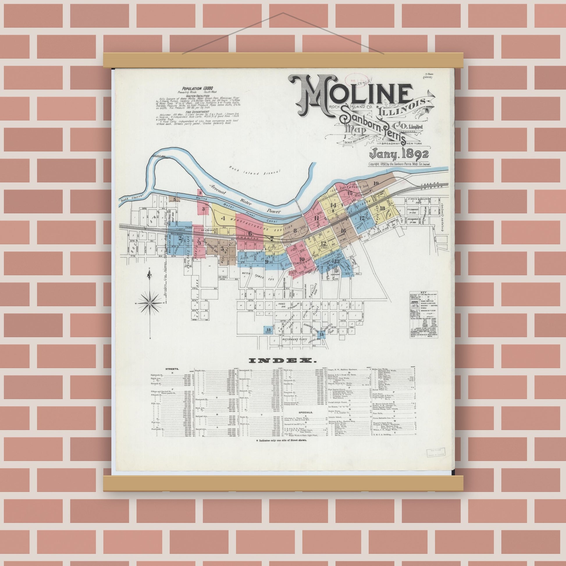 Old map wall art mockup — magnetic wood frame on brick wall — Sanborn Fire Insurance Map from Moline, Rock Island County, Illinois (1892) - Complete Map Set