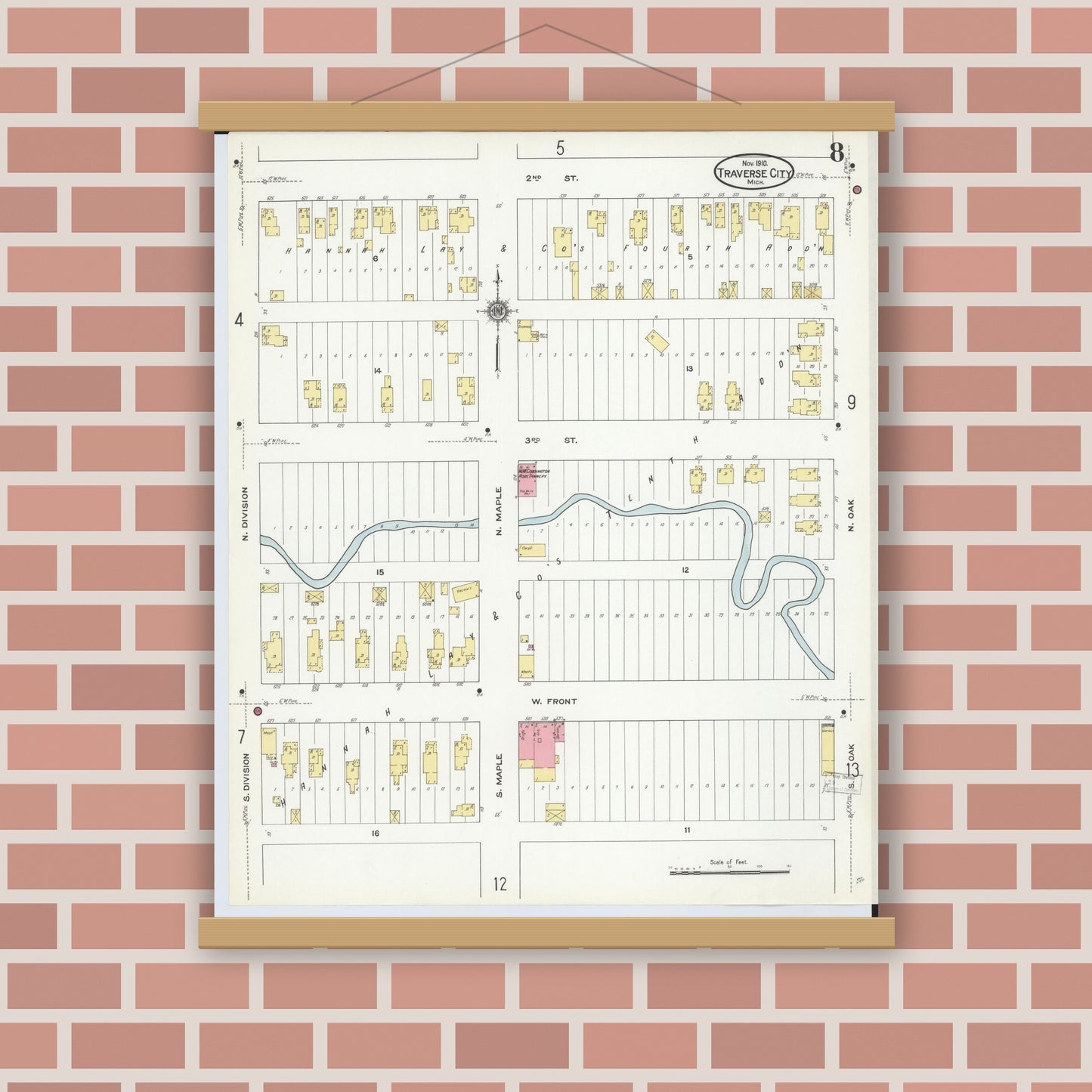 Old map wall art mockup — magnetic wood frame on brick wall — Sanborn Fire Insurance Map from Traverse City, Grand Traverse County, Michigan (1910), Sheet #0008
