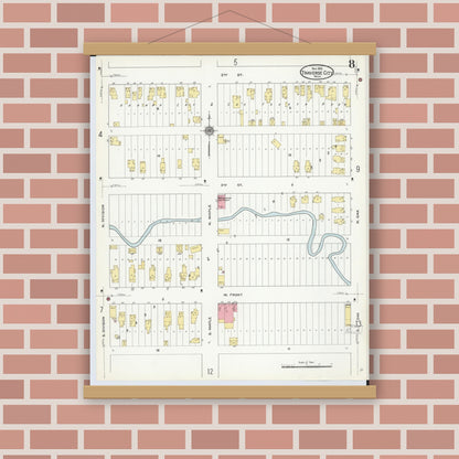 Old map wall art mockup — magnetic wood frame on brick wall — Sanborn Fire Insurance Map from Traverse City, Grand Traverse County, Michigan (1910), Sheet #0008