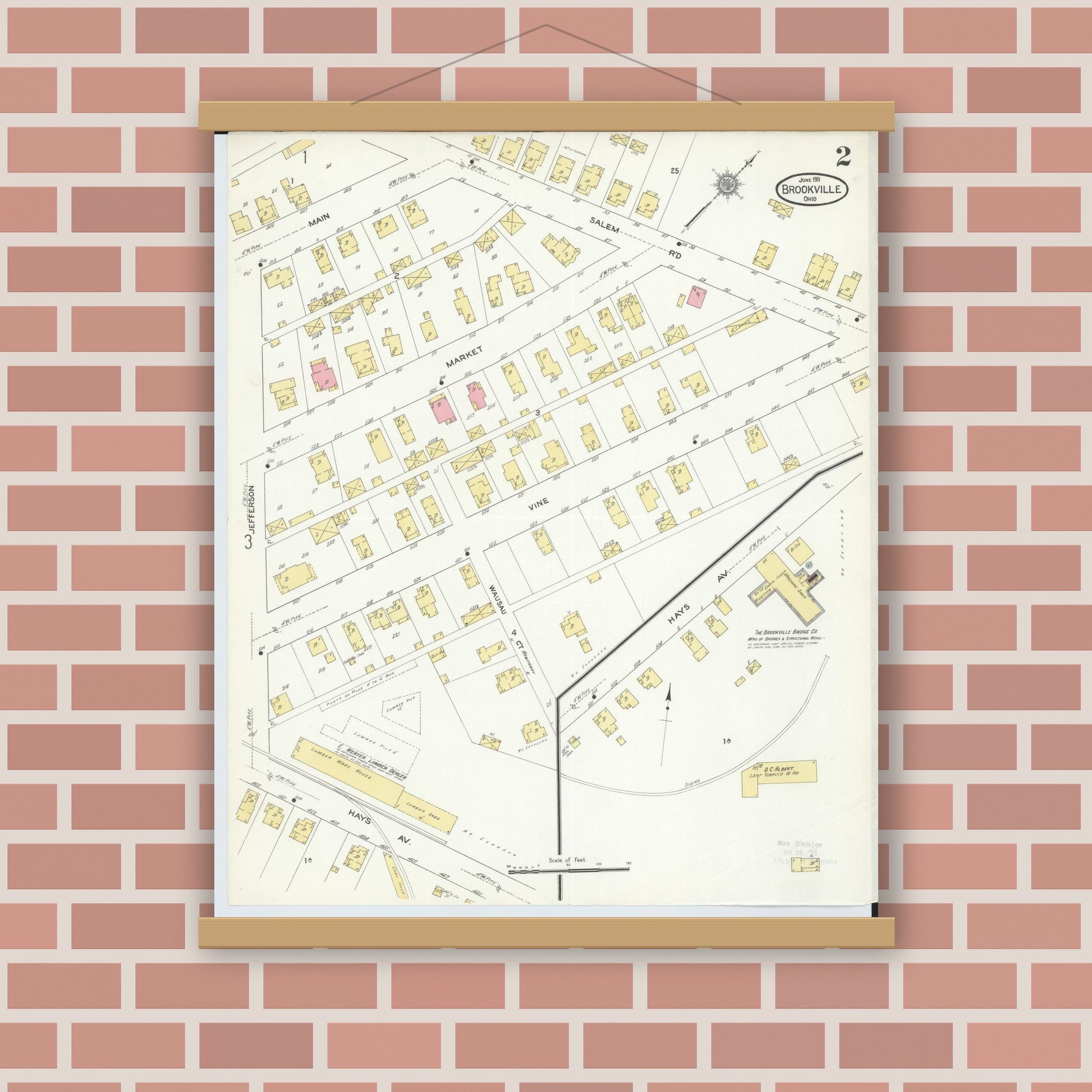 Old map wall art mockup — magnetic wood frame on brick wall — Sanborn Fire Insurance Map from Brookville, Montgomery County, Ohio (1911), Sheet #0002