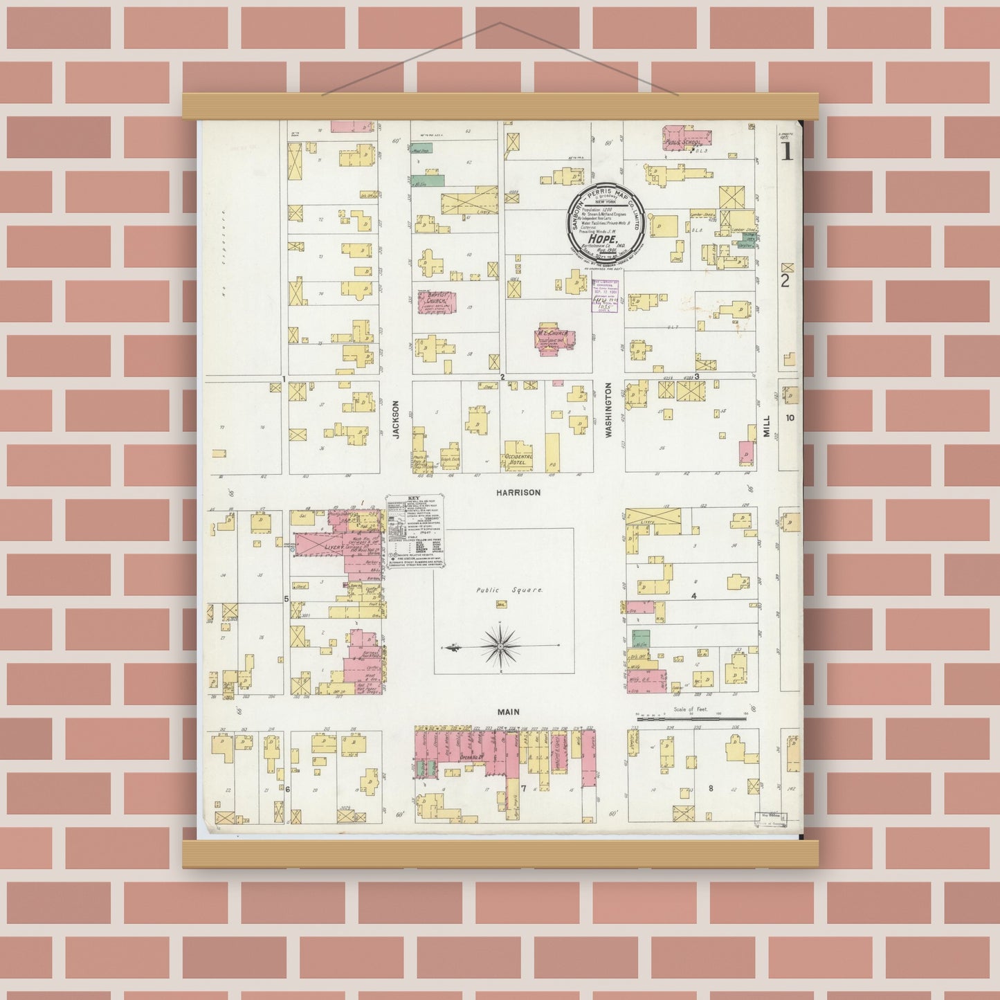 Old map wall art mockup — magnetic wood frame on brick wall — Sanborn Fire Insurance Map from Hope, Bartholomew County, Indiana (1901) - Complete Map Set