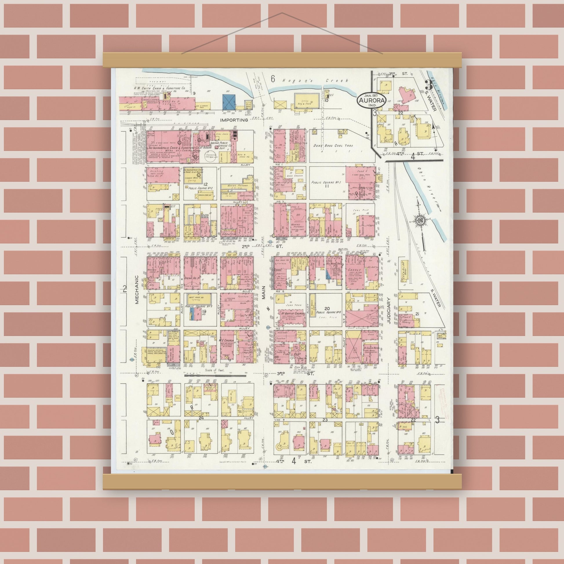 Old map wall art mockup — magnetic wood frame on brick wall — Sanborn Fire Insurance Map from Aurora, Dearborn County, Indiana (1917), Sheet #0003