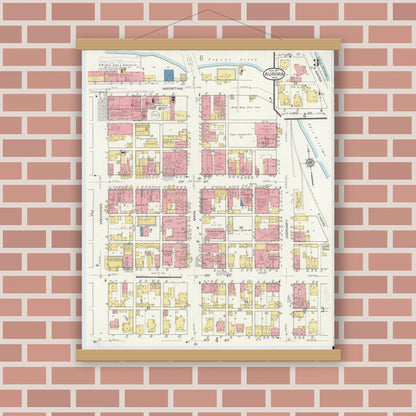 Old map wall art mockup — magnetic wood frame on brick wall — Sanborn Fire Insurance Map from Aurora, Dearborn County, Indiana (1917), Sheet #0003