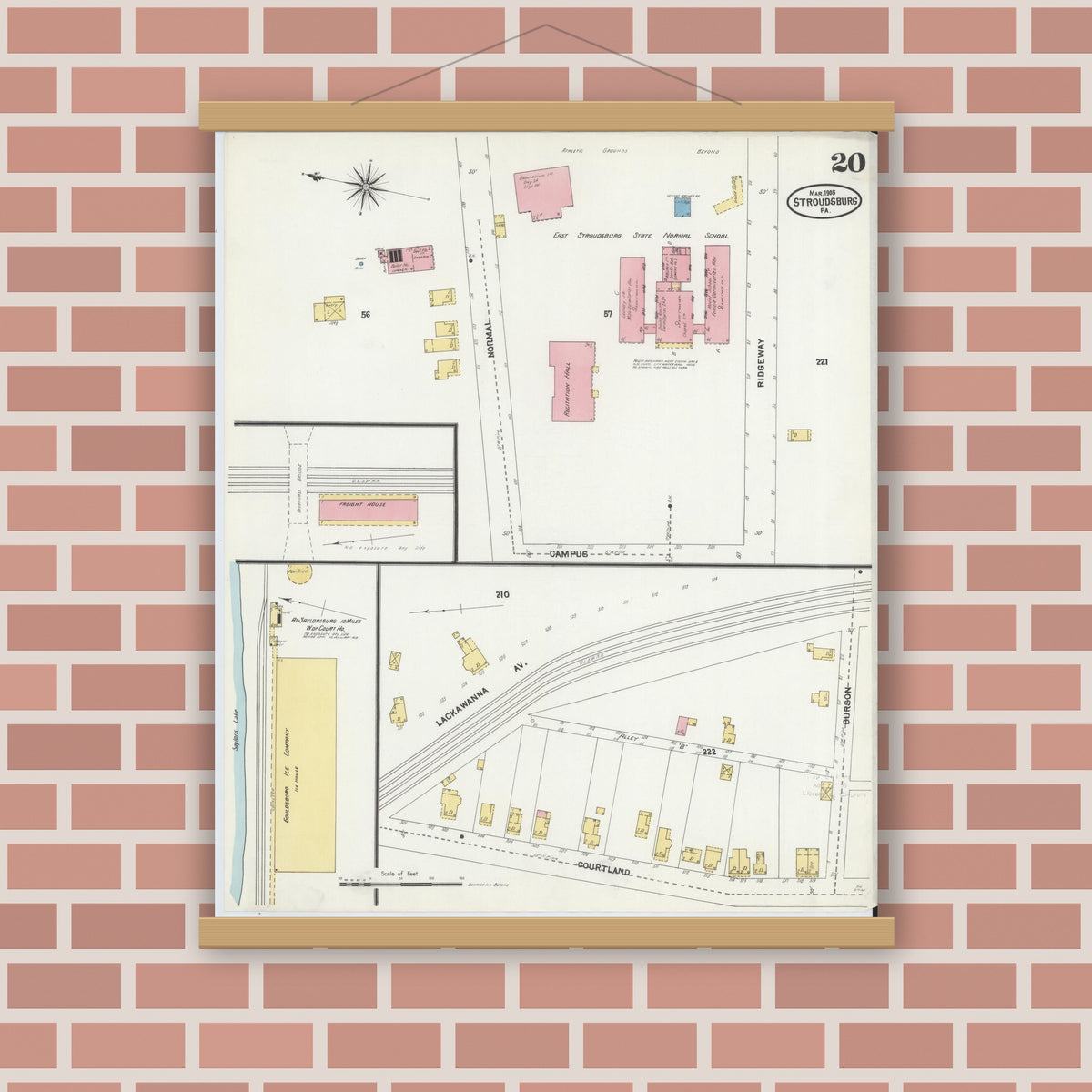 Old map wall art mockup — magnetic wood frame on brick wall — Sanborn Fire Insurance Map from Stroudsburg, Monroe County, Pennsylvania (1905), Sheet #0020