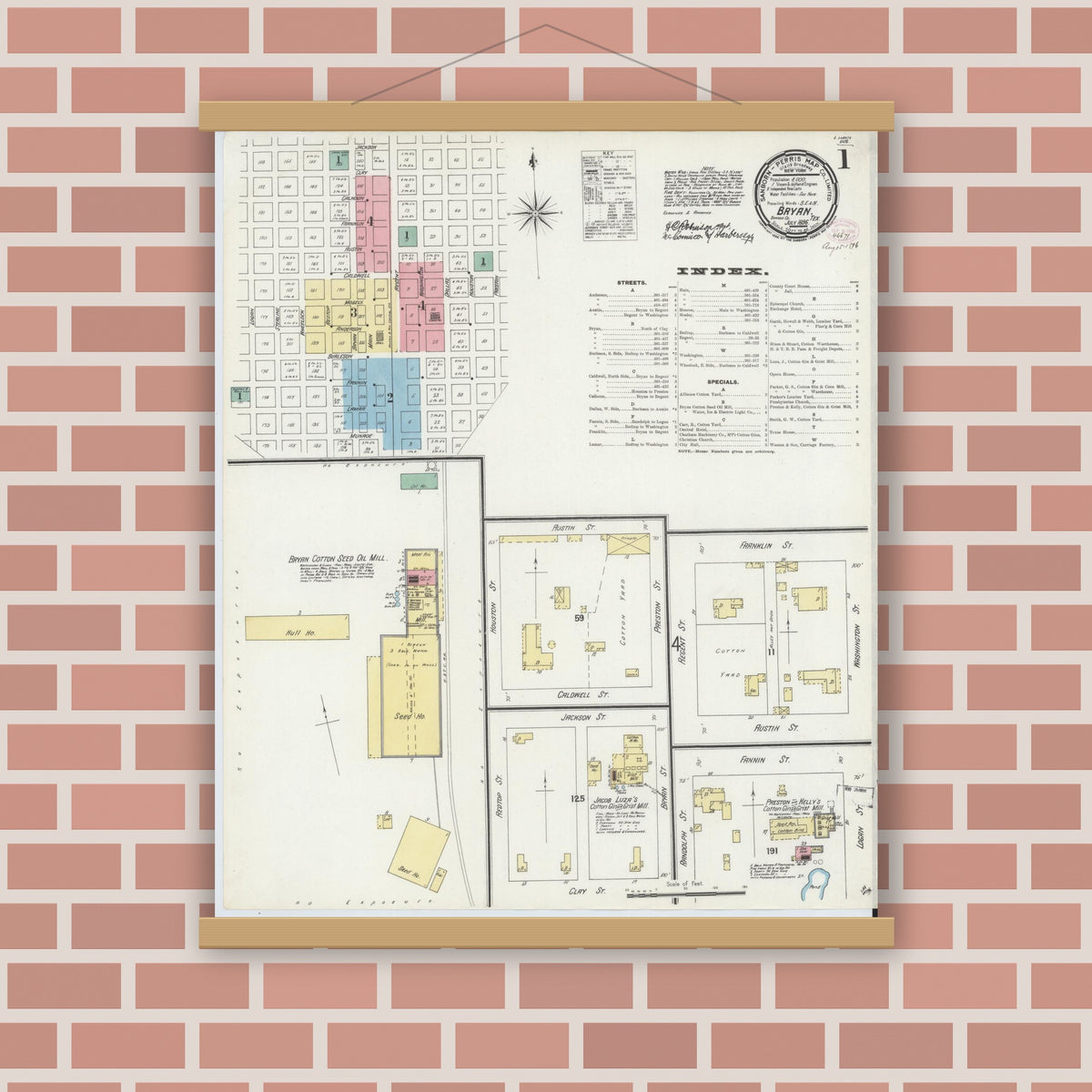Old map wall art mockup — magnetic wood frame on brick wall — Sanborn Fire Insurance Map from Bryan, Brazos County, Texas (1896) - Complete Map Set