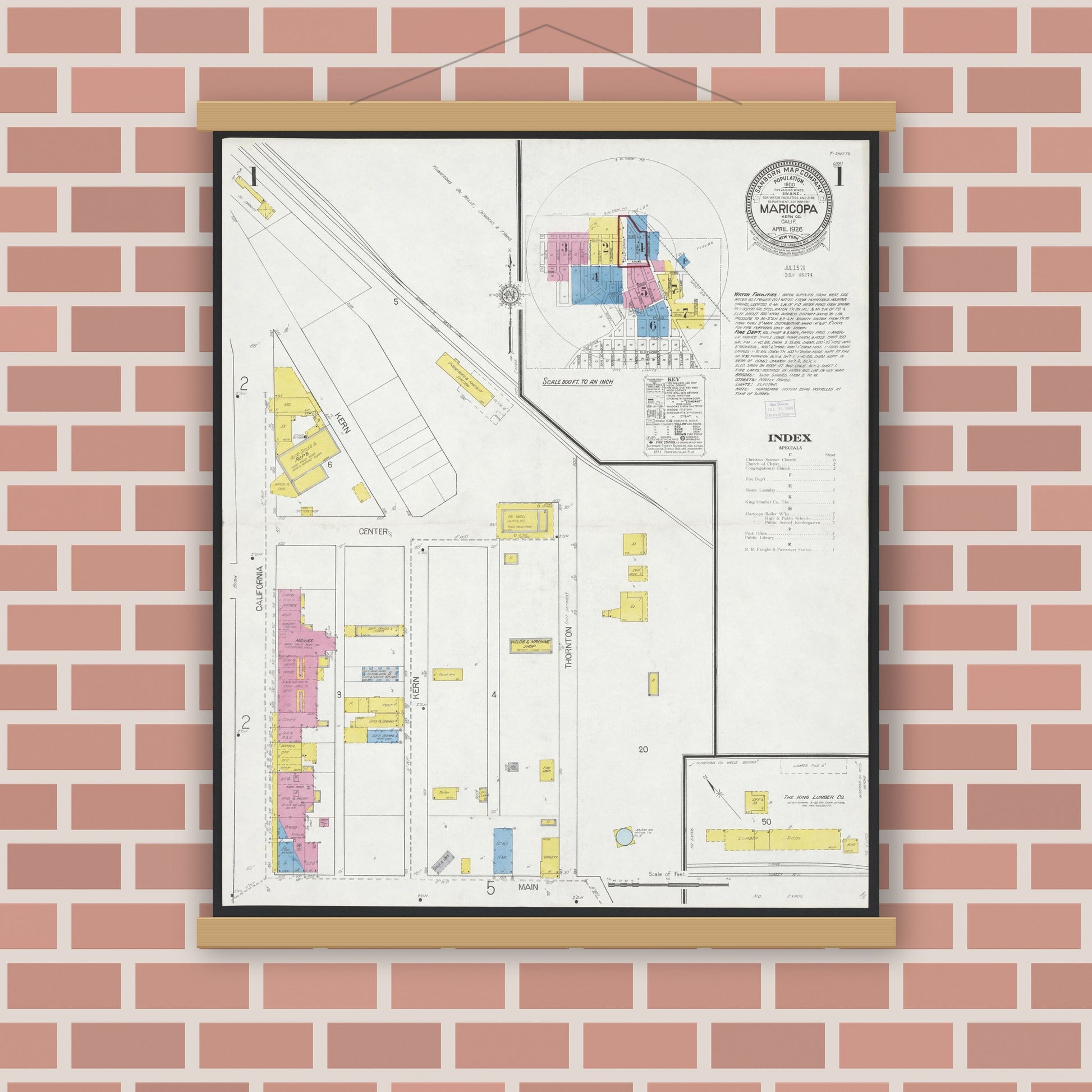 Old map wall art mockup — magnetic wood frame on brick wall — Sanborn Fire Insurance Map from Maricopa, Kern County, California (1926) - Complete Map Set