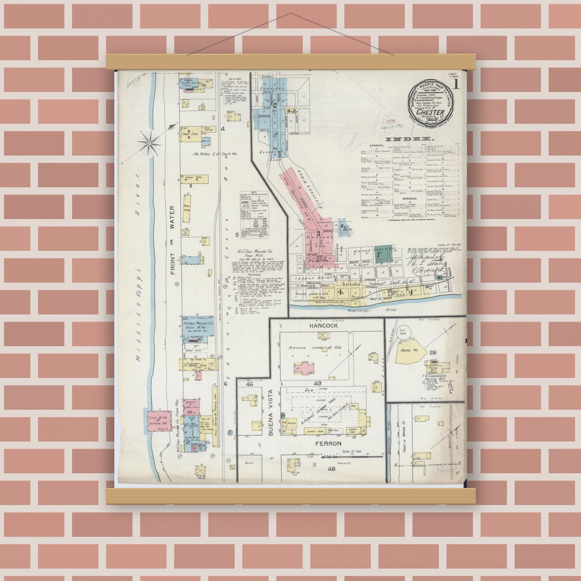 Old map wall art mockup — magnetic wood frame on brick wall — Sanborn Fire Insurance Map from Chester, Randolph County, Illinois (1886) - Complete Map Set