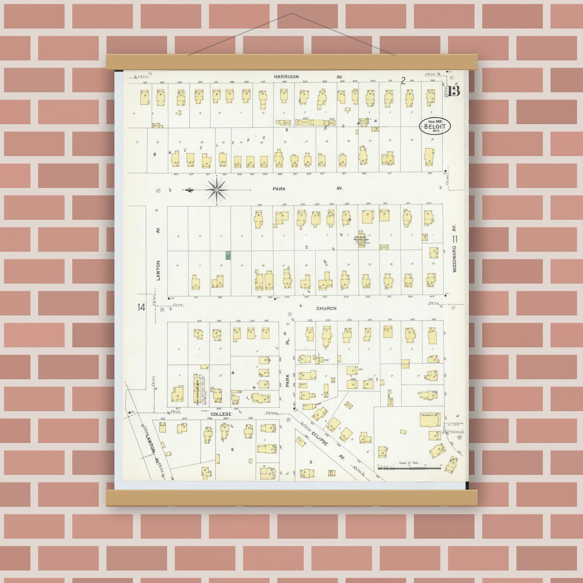 Old map wall art mockup — magnetic wood frame on brick wall — Sanborn Fire Insurance Map from Beloit, Rock County, Wisconsin (1908), Sheet #0013