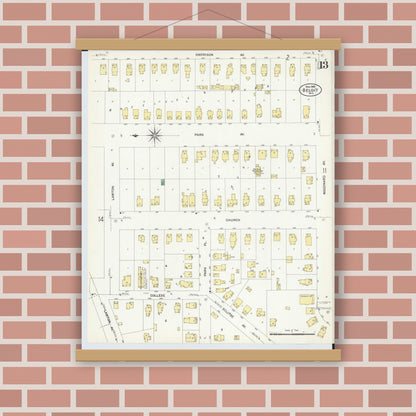 Old map wall art mockup — magnetic wood frame on brick wall — Sanborn Fire Insurance Map from Beloit, Rock County, Wisconsin (1908), Sheet #0013
