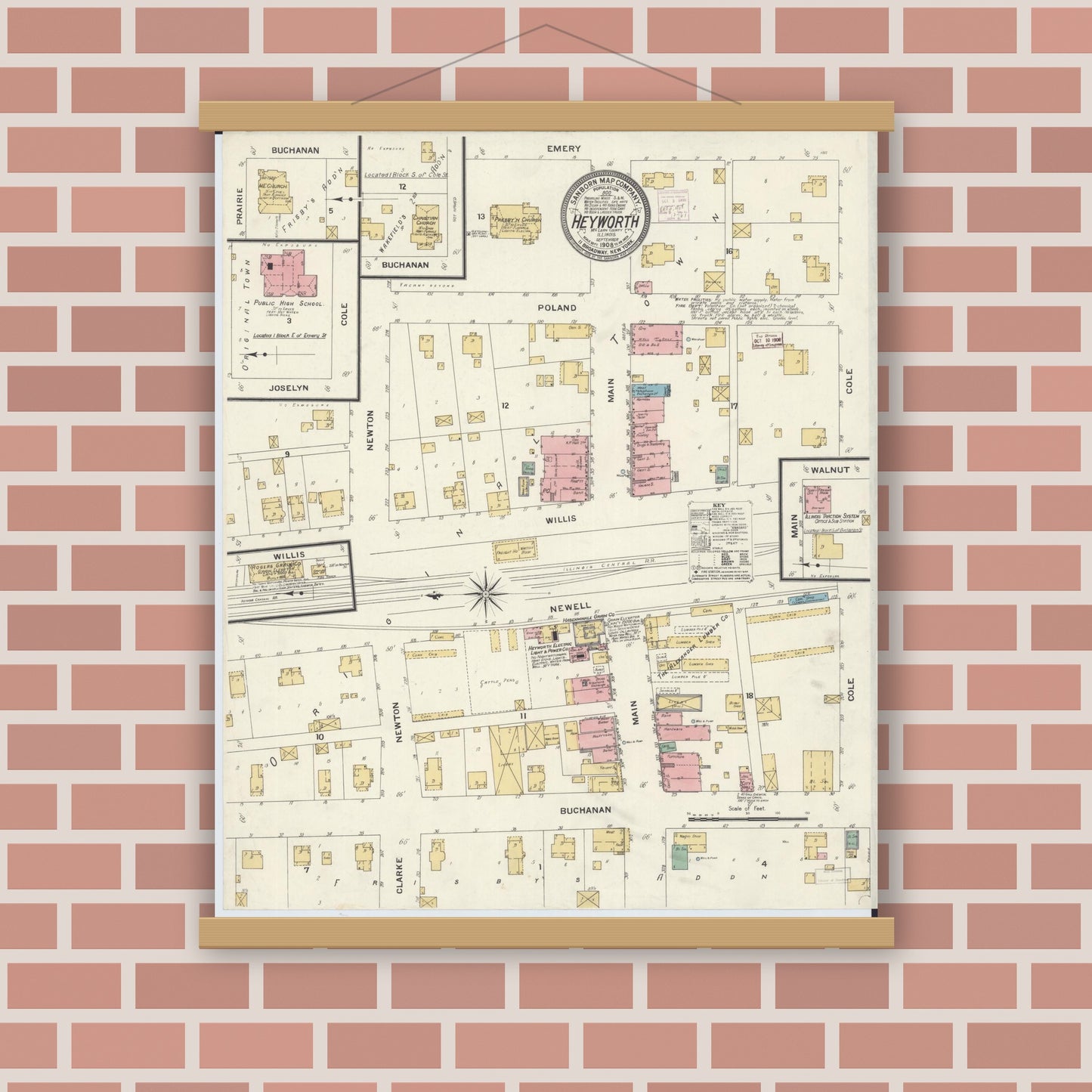 Old map wall art mockup — magnetic wood frame on brick wall — Sanborn Fire Insurance Map from Heyworth, McLean County, Illinois (1908), Sheet #0001