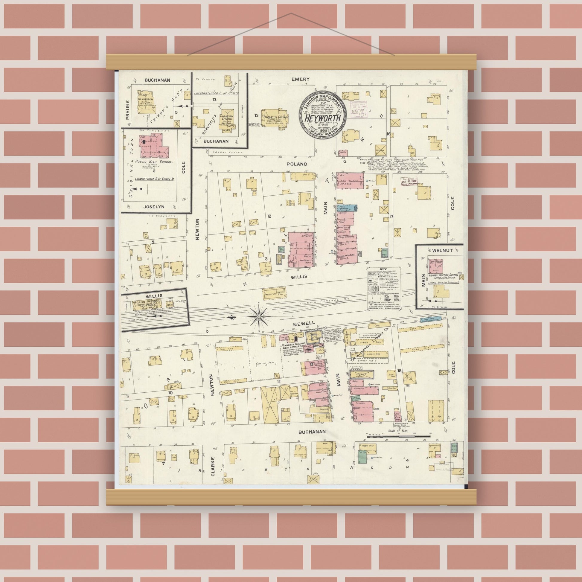 Old map wall art mockup — magnetic wood frame on brick wall — Sanborn Fire Insurance Map from Heyworth, McLean County, Illinois (1908), Sheet #0001