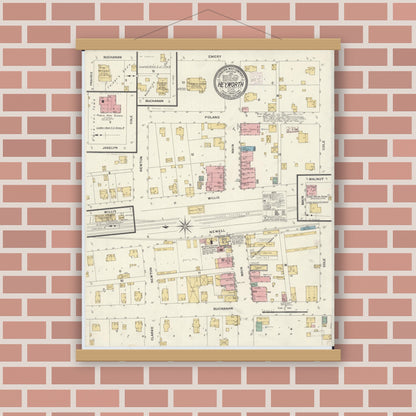Old map wall art mockup — magnetic wood frame on brick wall — Sanborn Fire Insurance Map from Heyworth, McLean County, Illinois (1908), Sheet #0001