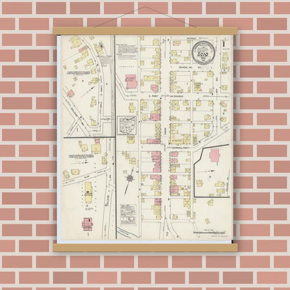 Old map wall art mockup — magnetic wood frame on brick wall — Sanborn Fire Insurance Map from Scio, Harrison County, Ohio (1915), Sheet #0001