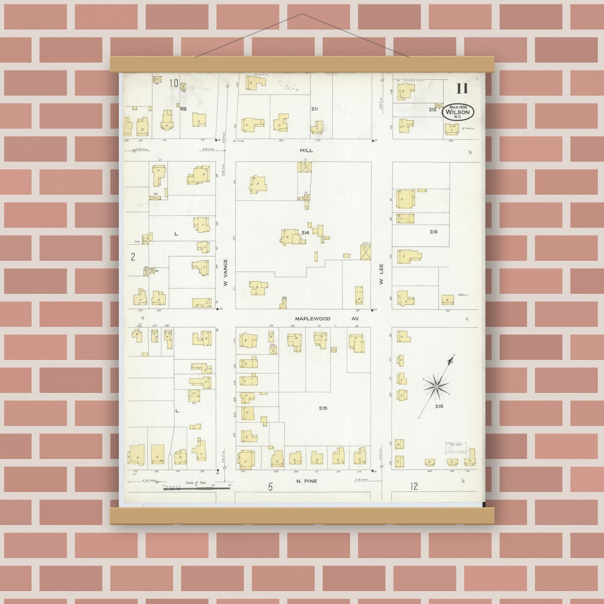 Old map wall art mockup — magnetic wood frame on brick wall — Sanborn Fire Insurance Map from Wilson, Wilson County, North Carolina (1908), Sheet #0011