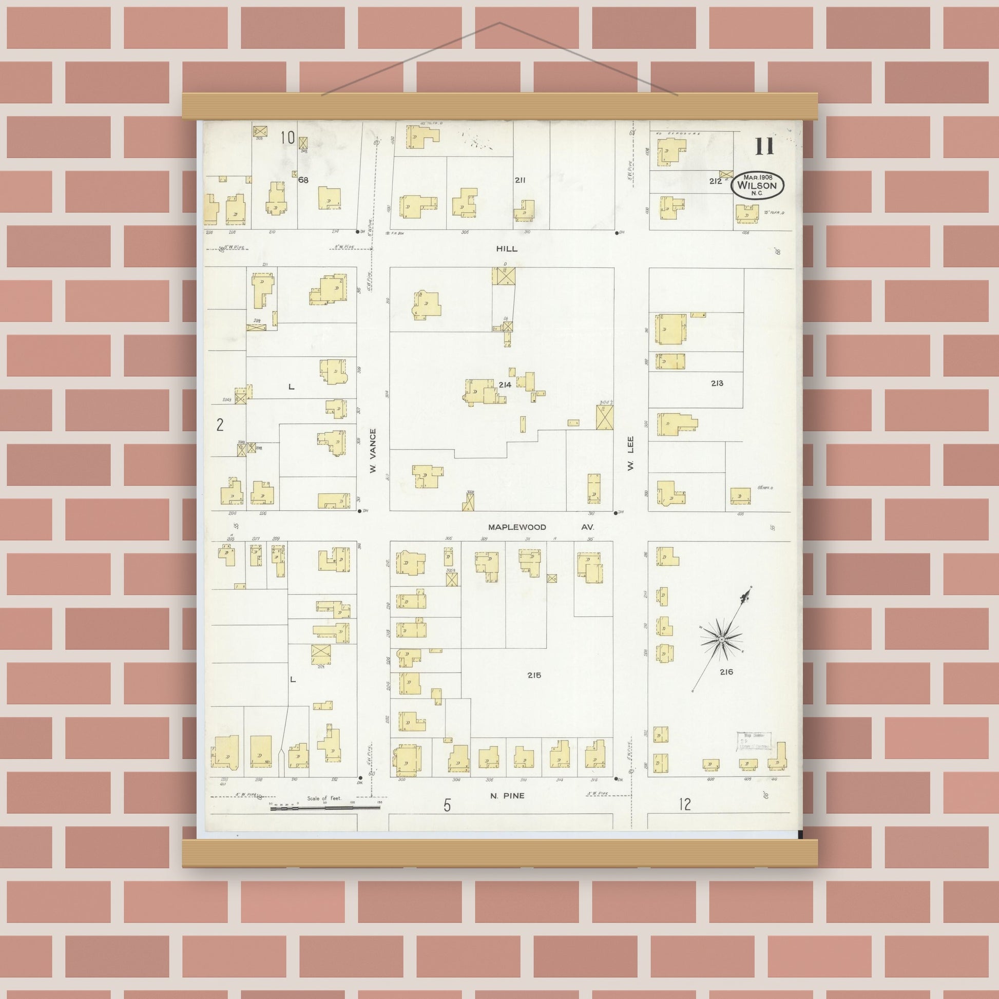 Old map wall art mockup — magnetic wood frame on brick wall — Sanborn Fire Insurance Map from Wilson, Wilson County, North Carolina (1908), Sheet #0011