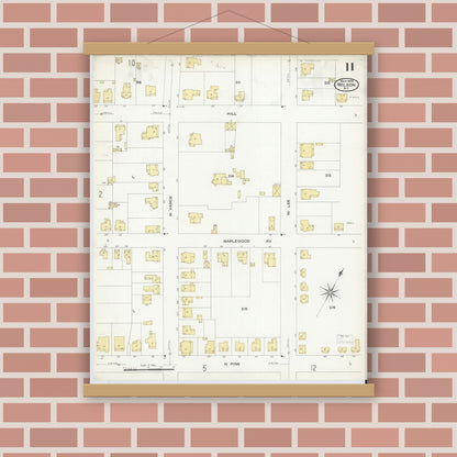 Old map wall art mockup — magnetic wood frame on brick wall — Sanborn Fire Insurance Map from Wilson, Wilson County, North Carolina (1908), Sheet #0011