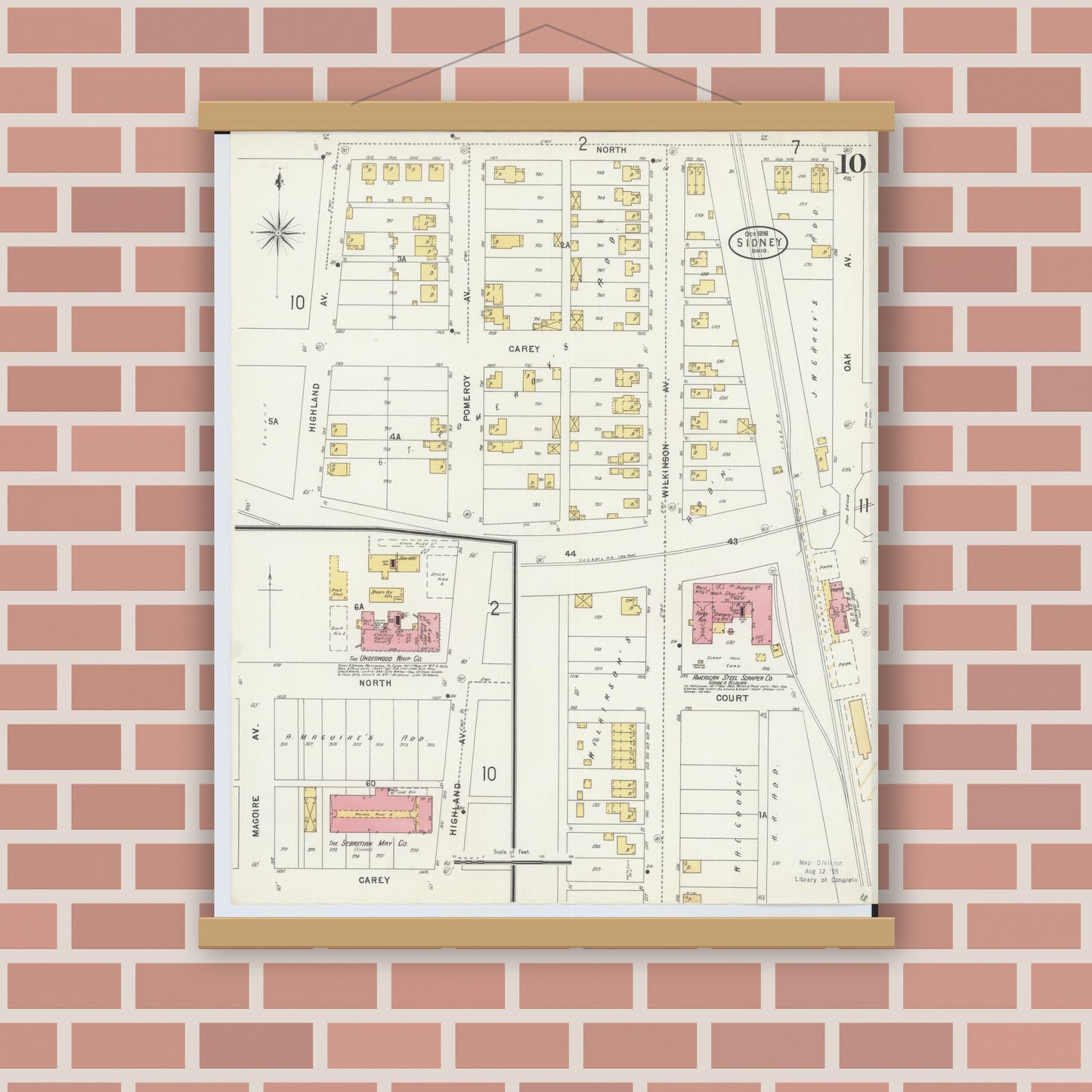Old map wall art mockup — magnetic wood frame on brick wall — Sanborn Fire Insurance Map from Sidney, Shelby County, Ohio (1898), Sheet #0010