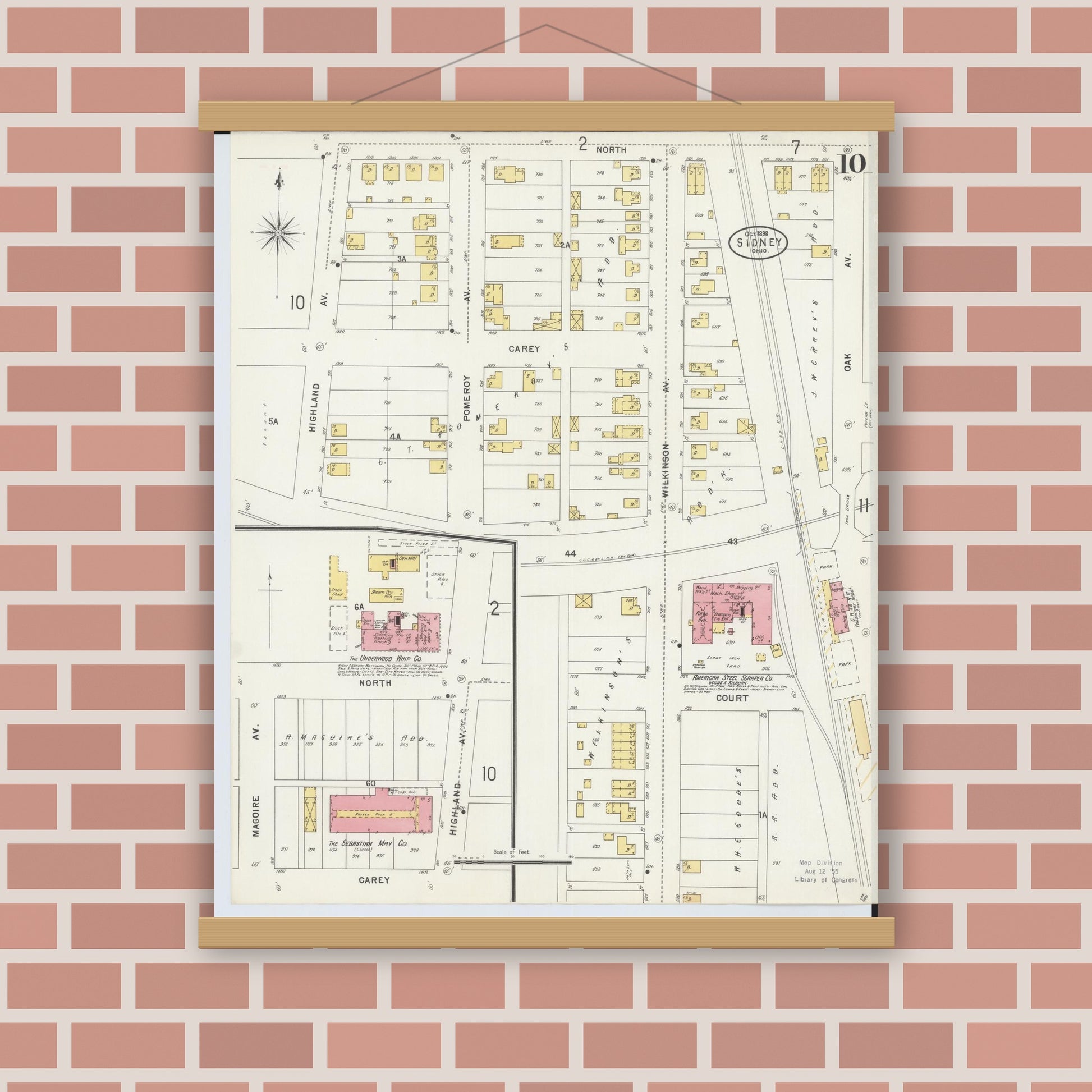 Old map wall art mockup — magnetic wood frame on brick wall — Sanborn Fire Insurance Map from Sidney, Shelby County, Ohio (1898), Sheet #0010