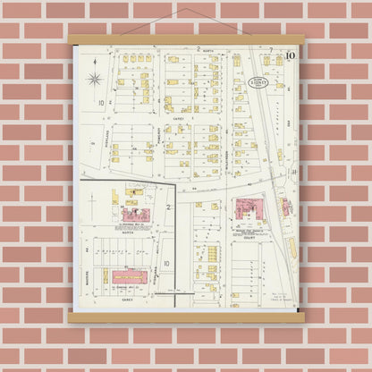 Old map wall art mockup — magnetic wood frame on brick wall — Sanborn Fire Insurance Map from Sidney, Shelby County, Ohio (1898), Sheet #0010