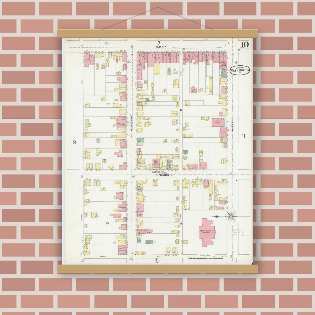 Old map wall art mockup — magnetic wood frame on brick wall — Sanborn Fire Insurance Map from Washington, Washington County, Pennsylvania (1896), Sheet #0010