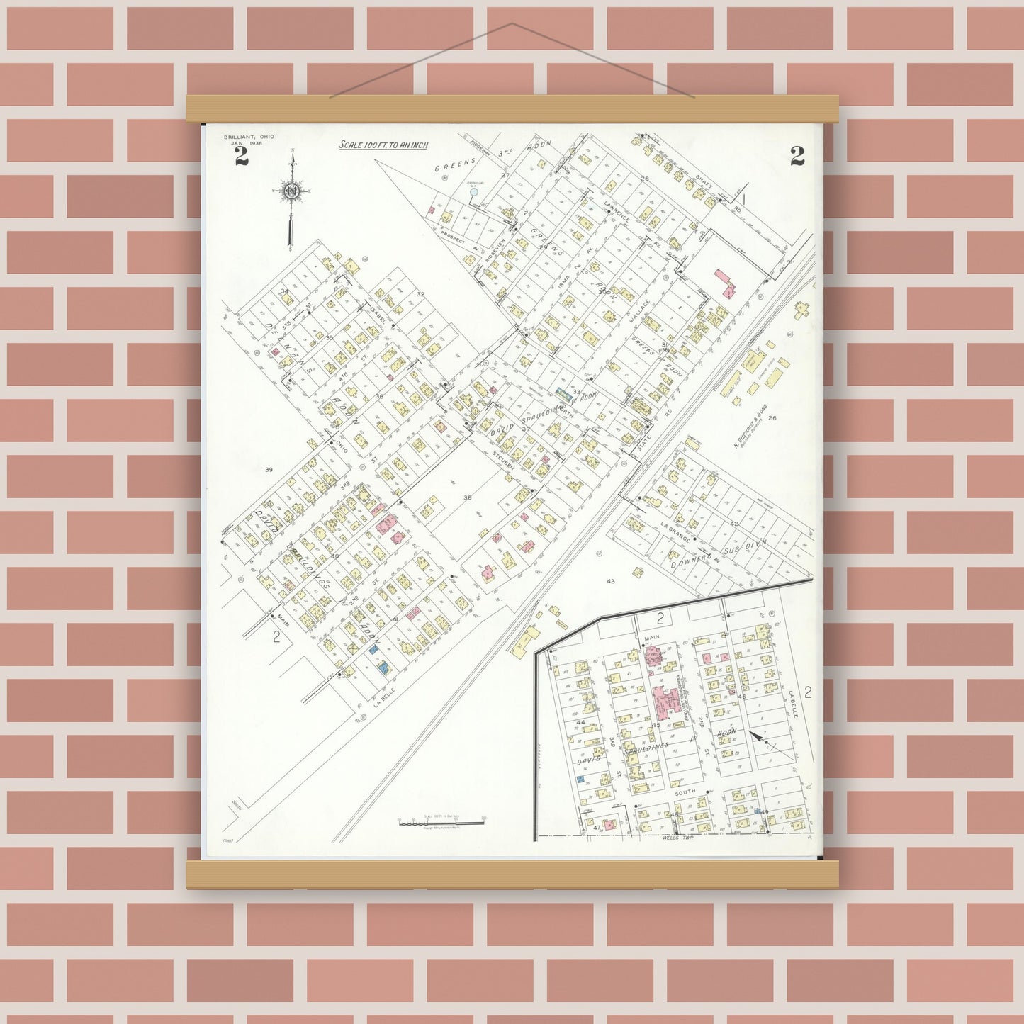 Old map wall art mockup — magnetic wood frame on brick wall — Sanborn Fire Insurance Map from Brilliant, Jefferson County, Ohio (1938), Sheet #0002