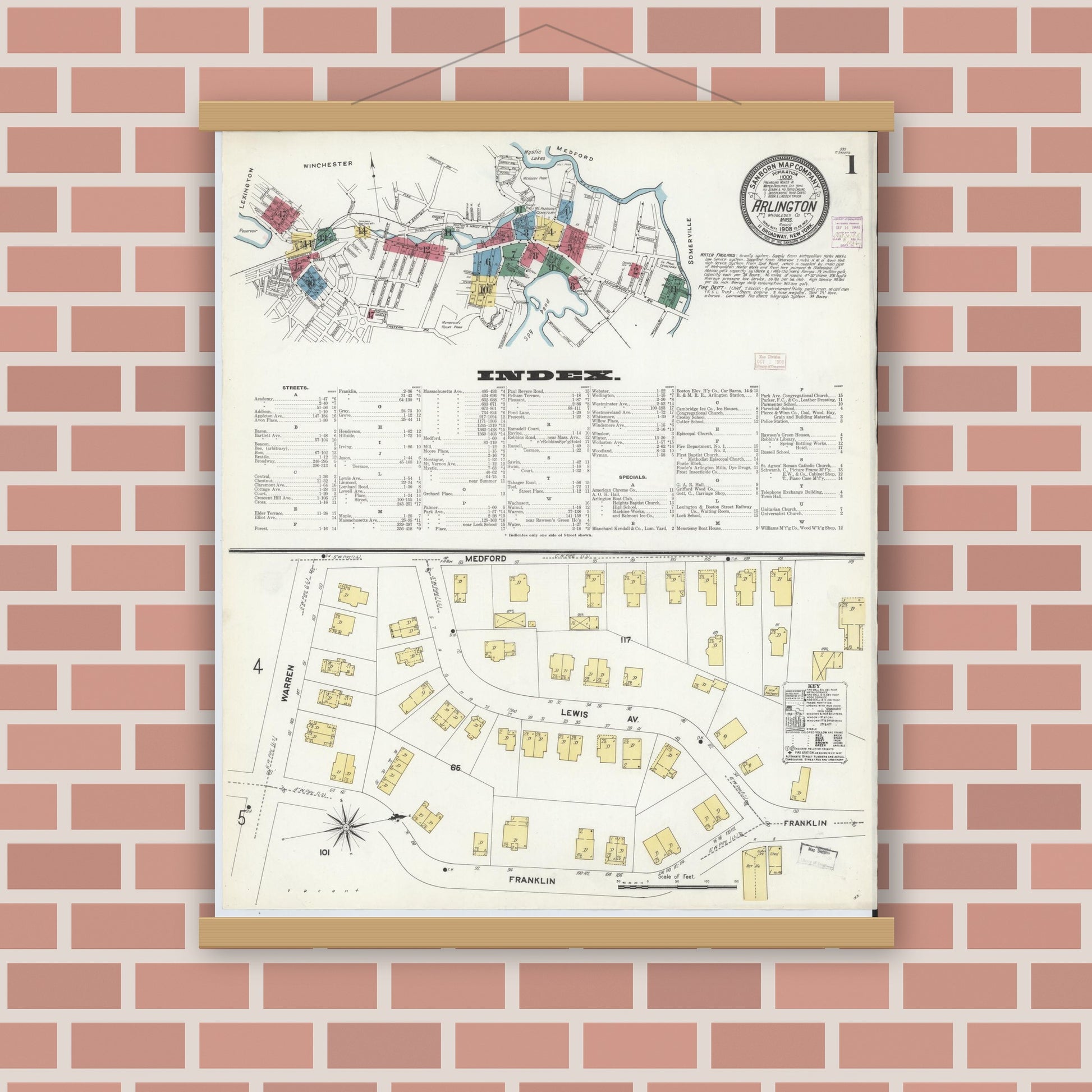 Old map wall art mockup — magnetic wood frame on brick wall — Sanborn Fire Insurance Map from Arlington, Middlesex County, Massachusetts (1908) - Complete Map Set