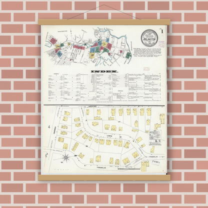 Old map wall art mockup — magnetic wood frame on brick wall — Sanborn Fire Insurance Map from Arlington, Middlesex County, Massachusetts (1908) - Complete Map Set