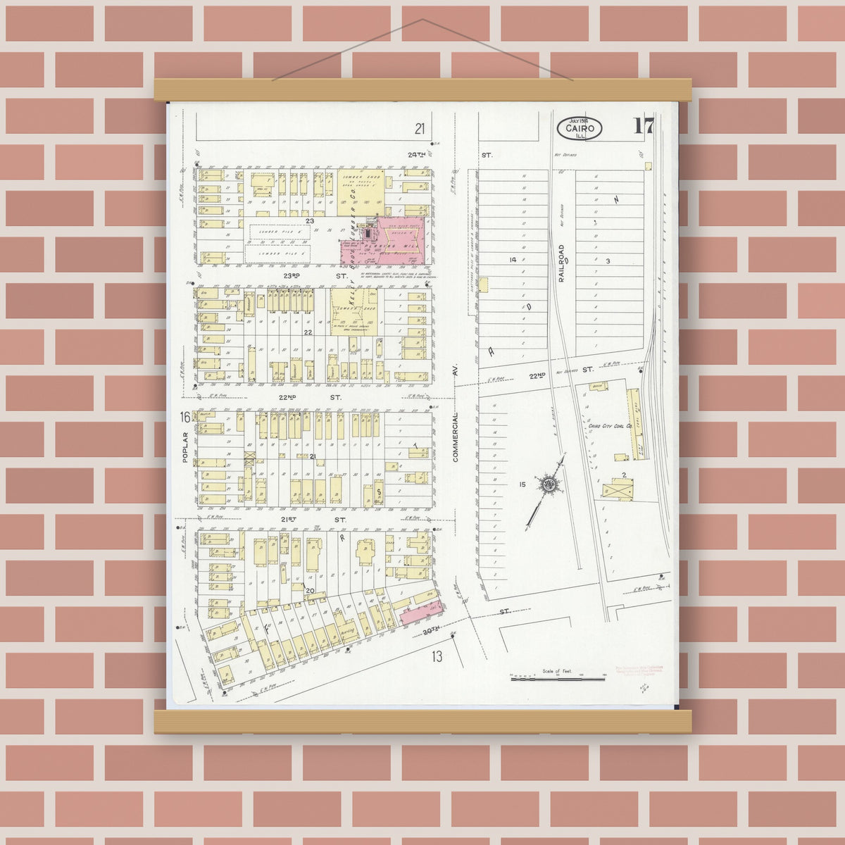 Old map wall art mockup — magnetic wood frame on brick wall — Sanborn Fire Insurance Map from Cairo, Alexander County, Illinois (1914), Sheet #0017