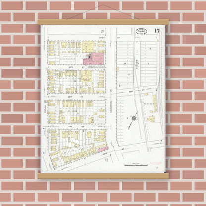 Old map wall art mockup — magnetic wood frame on brick wall — Sanborn Fire Insurance Map from Cairo, Alexander County, Illinois (1914), Sheet #0017