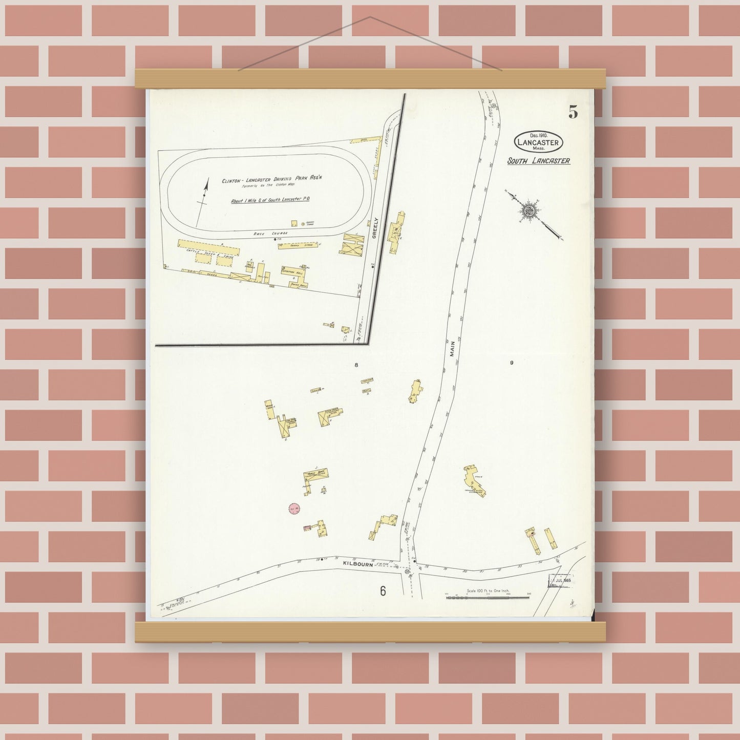 Old map wall art mockup — magnetic wood frame on brick wall — Sanborn Fire Insurance Map from Lancaster, Worcester County, Massachusetts (1910), Sheet #0005