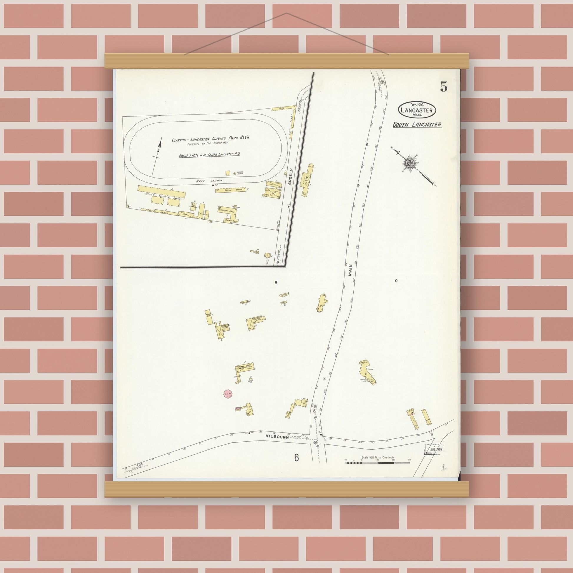 Old map wall art mockup — magnetic wood frame on brick wall — Sanborn Fire Insurance Map from Lancaster, Worcester County, Massachusetts (1910), Sheet #0005