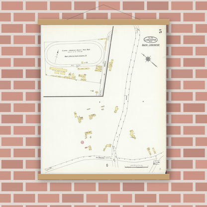 Old map wall art mockup — magnetic wood frame on brick wall — Sanborn Fire Insurance Map from Lancaster, Worcester County, Massachusetts (1910), Sheet #0005