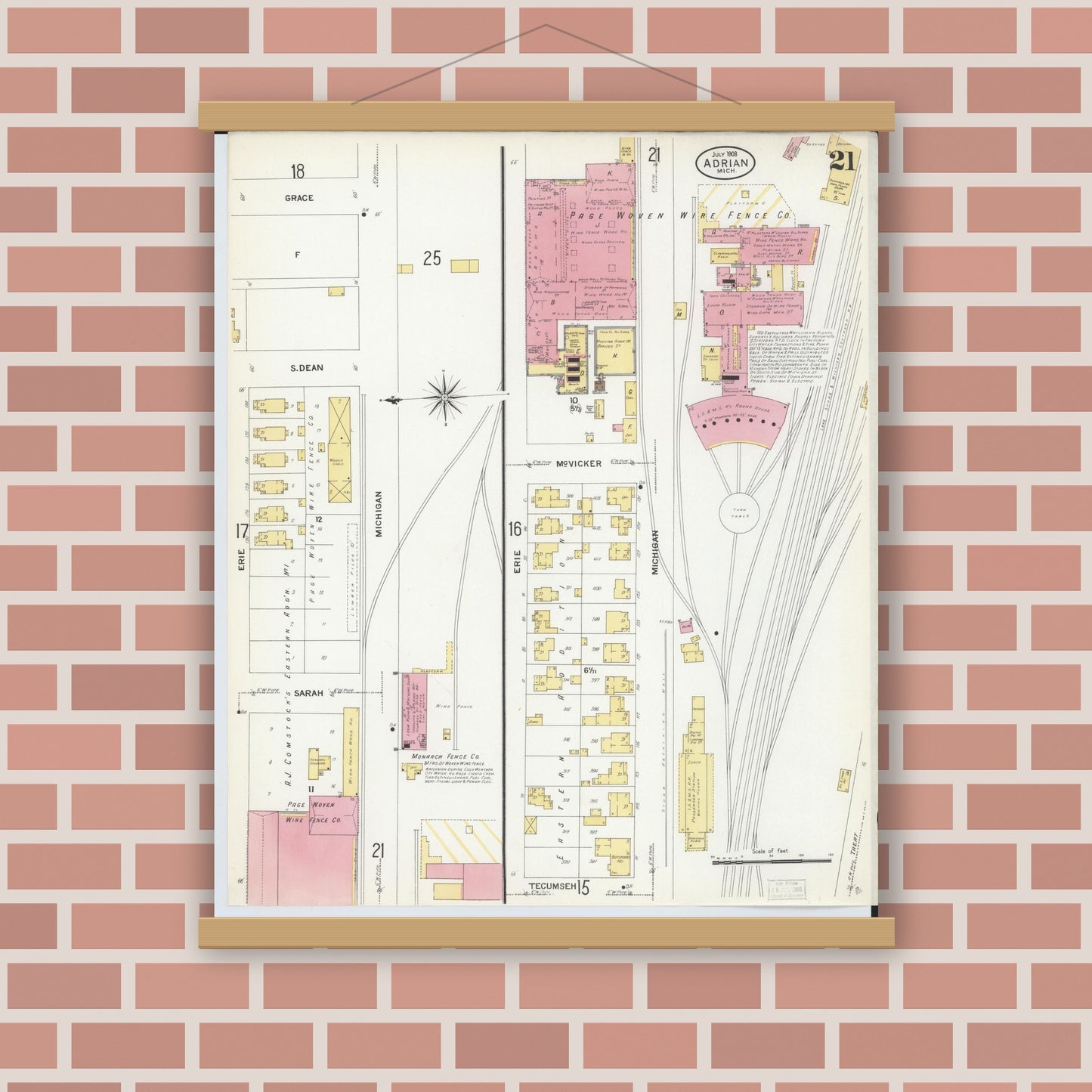 Old map wall art mockup — magnetic wood frame on brick wall — Sanborn Fire Insurance Map from Adrian, Lenawee County, Michigan (1908), Sheet #0021